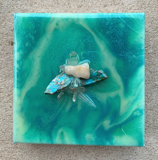Geode Art Teal Turquoise Quartz Crystals Aqua Jasper Stones Resin Epoxy Agate Wall 6" X 1.5" One Of A Kind "Daydream" Glitter Shiny