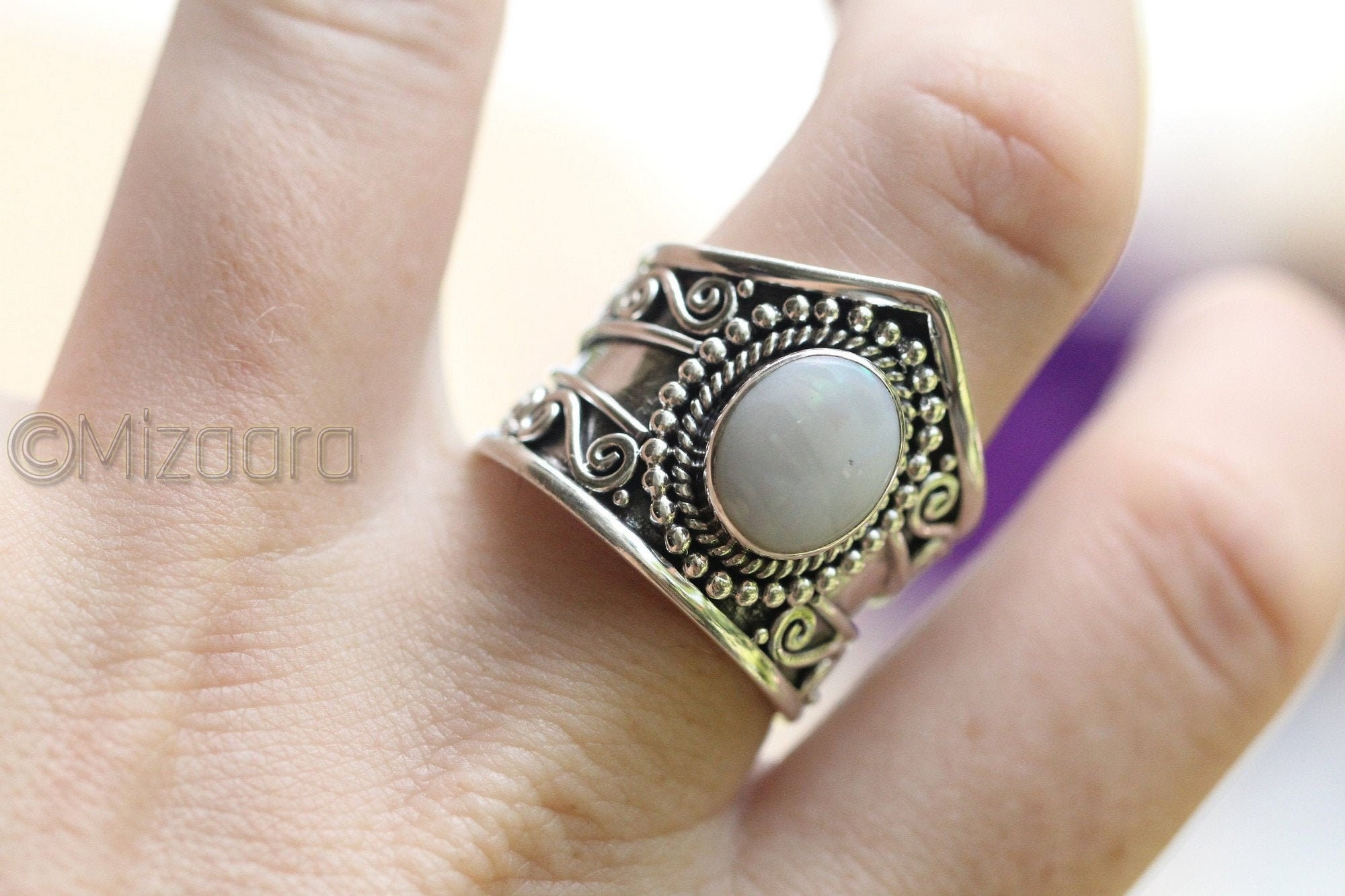 Opal Wide Band Ring 925 Sterling Silver Gemstone Birthstone Bohemian Yoga Healing Ethiopian Jewelry Gift