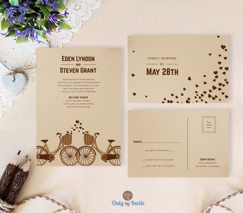 Printed Bicycle Wedding Invitation Set Printed On Kraft Paper | Brown Invitations
