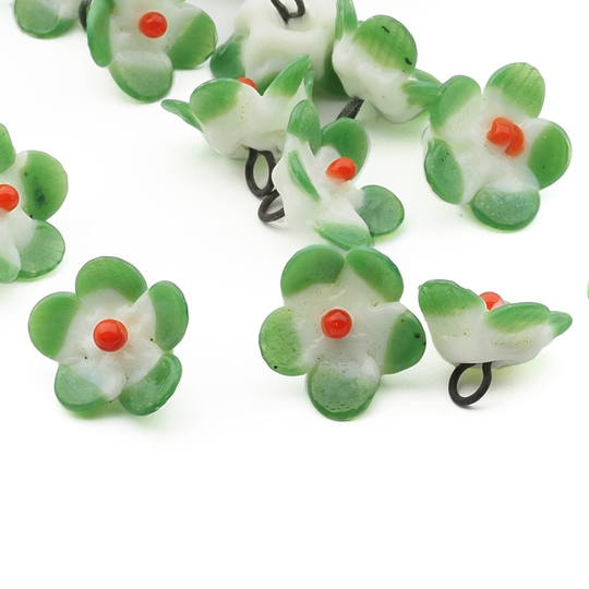 Czech Antique Micro Lampwork Green Bicolor Glass Flower Bead Drop 9/10mm One