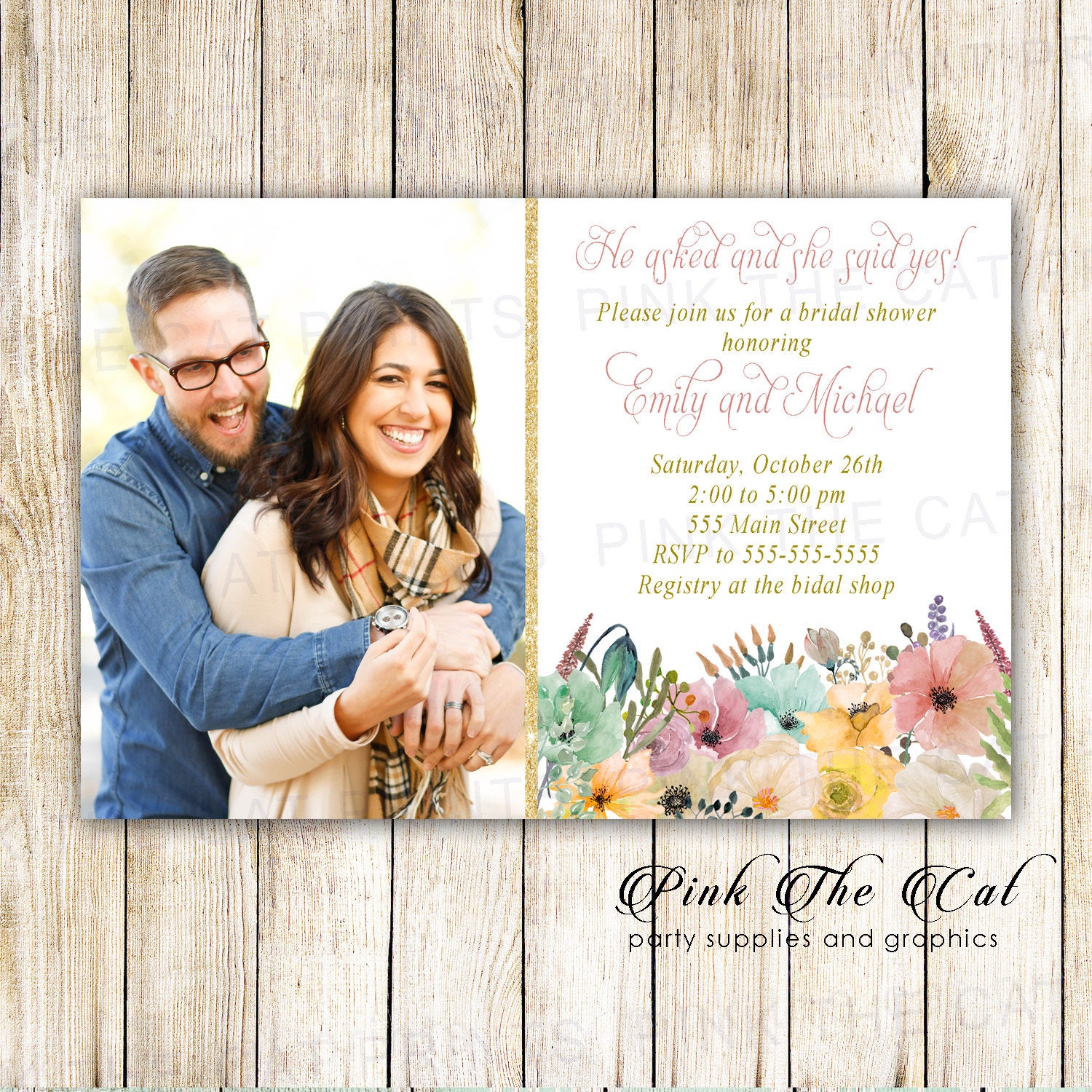 Watercolor Flowers Invitation, Floral Bridal Shower Invitation With Photo Personalized Fall Wedding Template