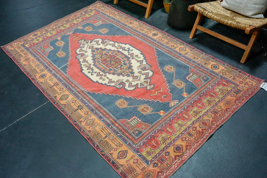 4'7 X 8' Vintage Oushak Rug Muted Red, Blue + Tangerine