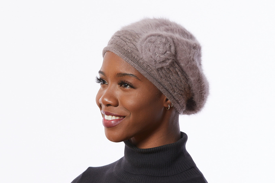 Taupe Knit Beret, Angora Wool Blend Beret, Beige Winter Neutral Color Hat With Flower