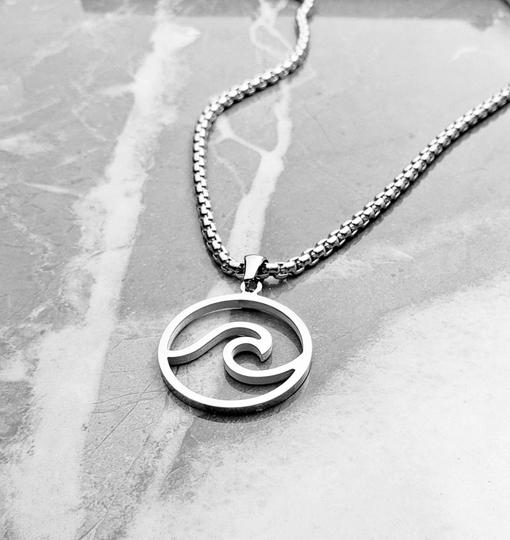 Men's "Wave Medallion" Necklace| Silver Stainless Steel Wave Coin Medallion Pendant Box Chain Necklace
