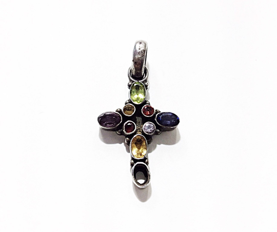 Sterling Silver Religious Cross Pendant with Multi Stones As Is | #-0699