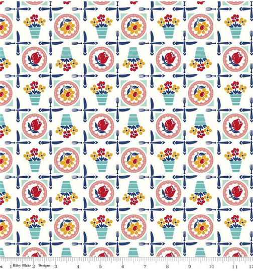Retro Style Diner Vintage Kitchen Cook Book Luncheon Fabric in Seaglass
