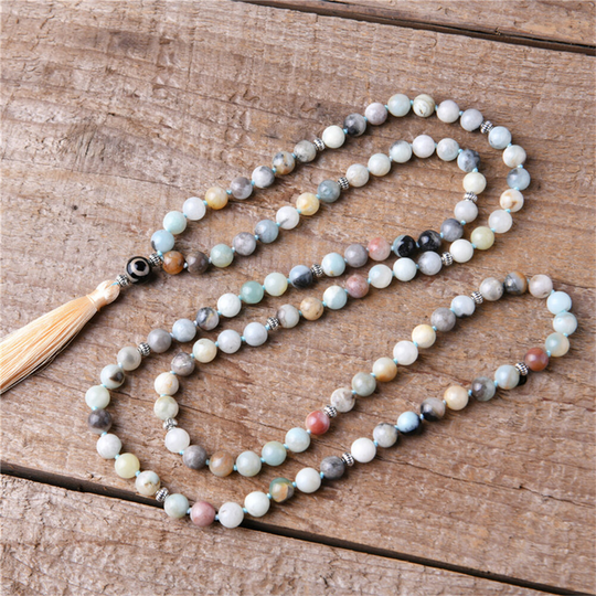 Amazonite Mala Necklace, 108 Prayer Beads Tassel Necklace Healing Stone Beaded Bracelet