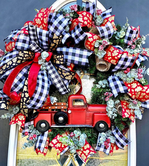 Red Truck Christmas Wreath, Cheetah & Buffalo Plaid Red Berries Decor, Frosted Eucalyptus, Leopard Decor