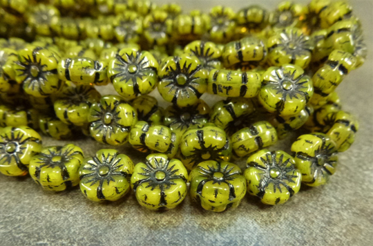 10Pc Goldenrod Opal/Black Etch Hawaiian Flower Beads 10mm Czech Glass