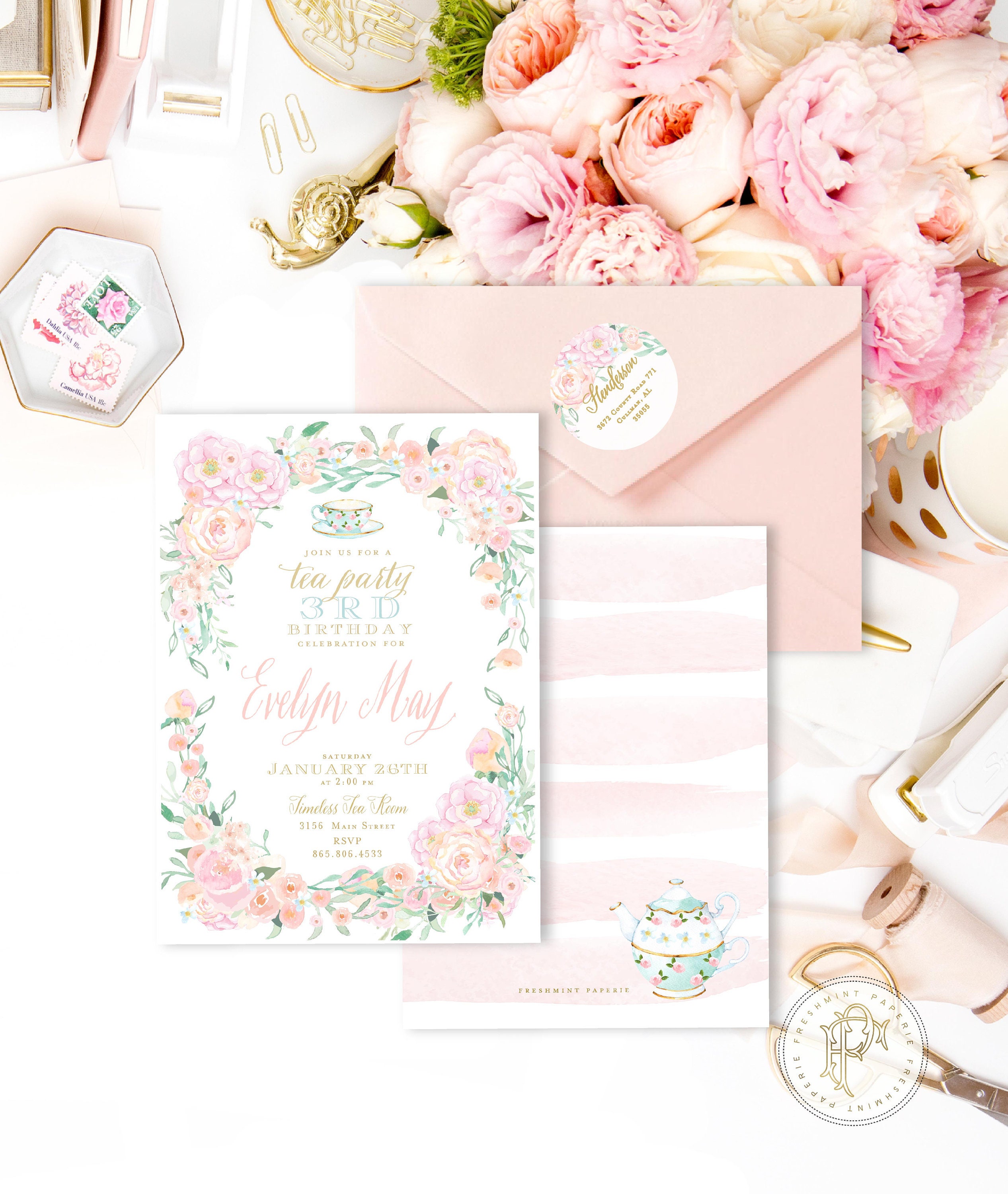 Tea Party Invitation - High Birthday Hi Floral Invitation Girls