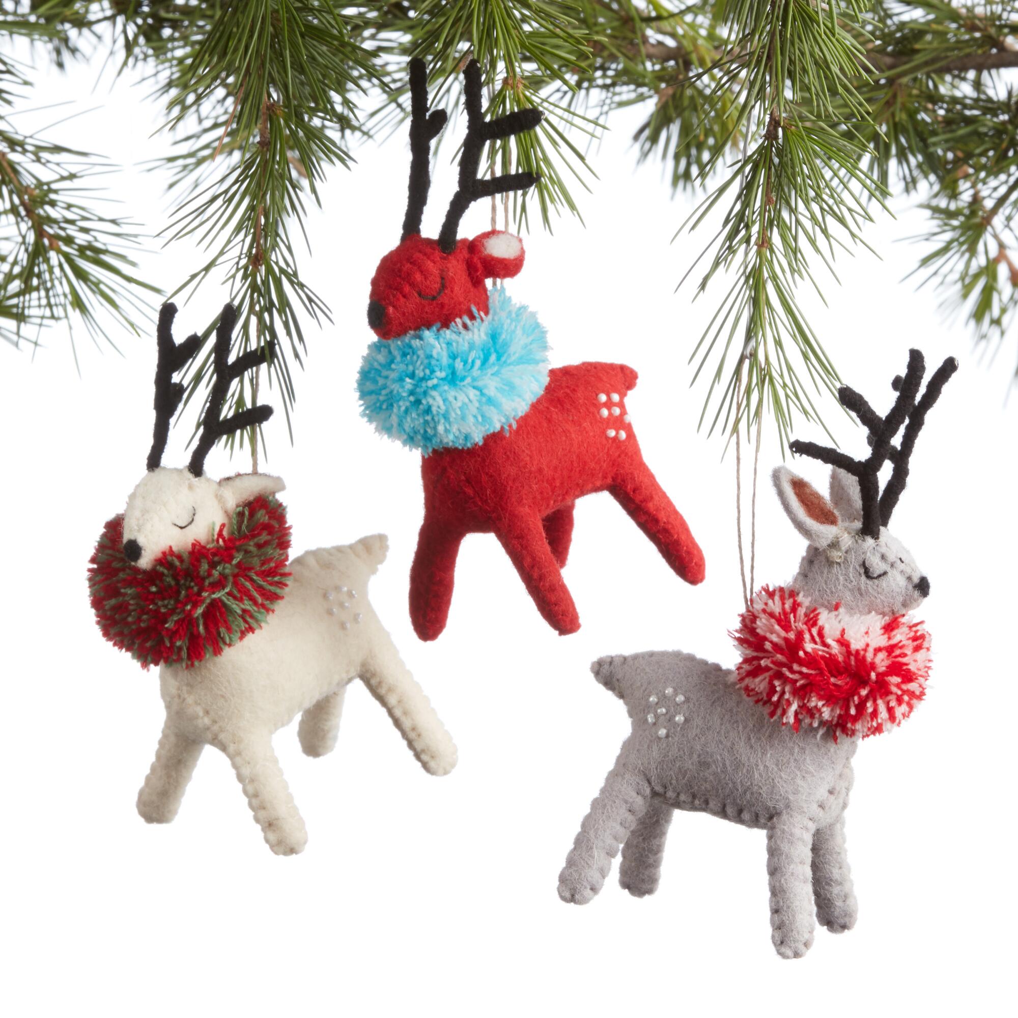 Wool Deer with Collar Ornaments Set of 3 by World Market