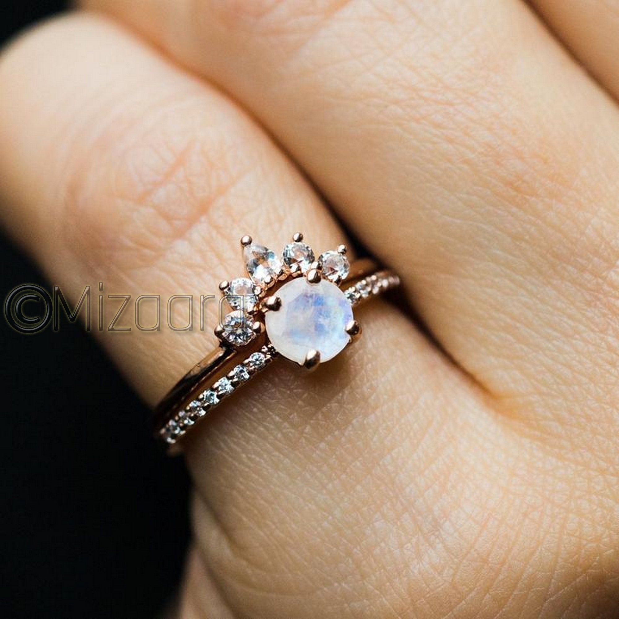 Rainbow Moonstone Rose Gold Ring, 925 Sterling Silver, Real Gemstone, Handmade Cz, Girl's Stackable Gift For Her, Wedding