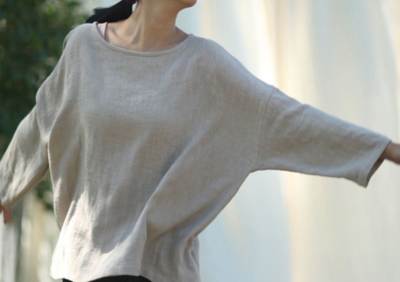 A57-Women's Linen Cotton Blend Top, Spring/Summer Fall Tee, Dropped Shoulder T-Shirt, Natural Tunic Blouse