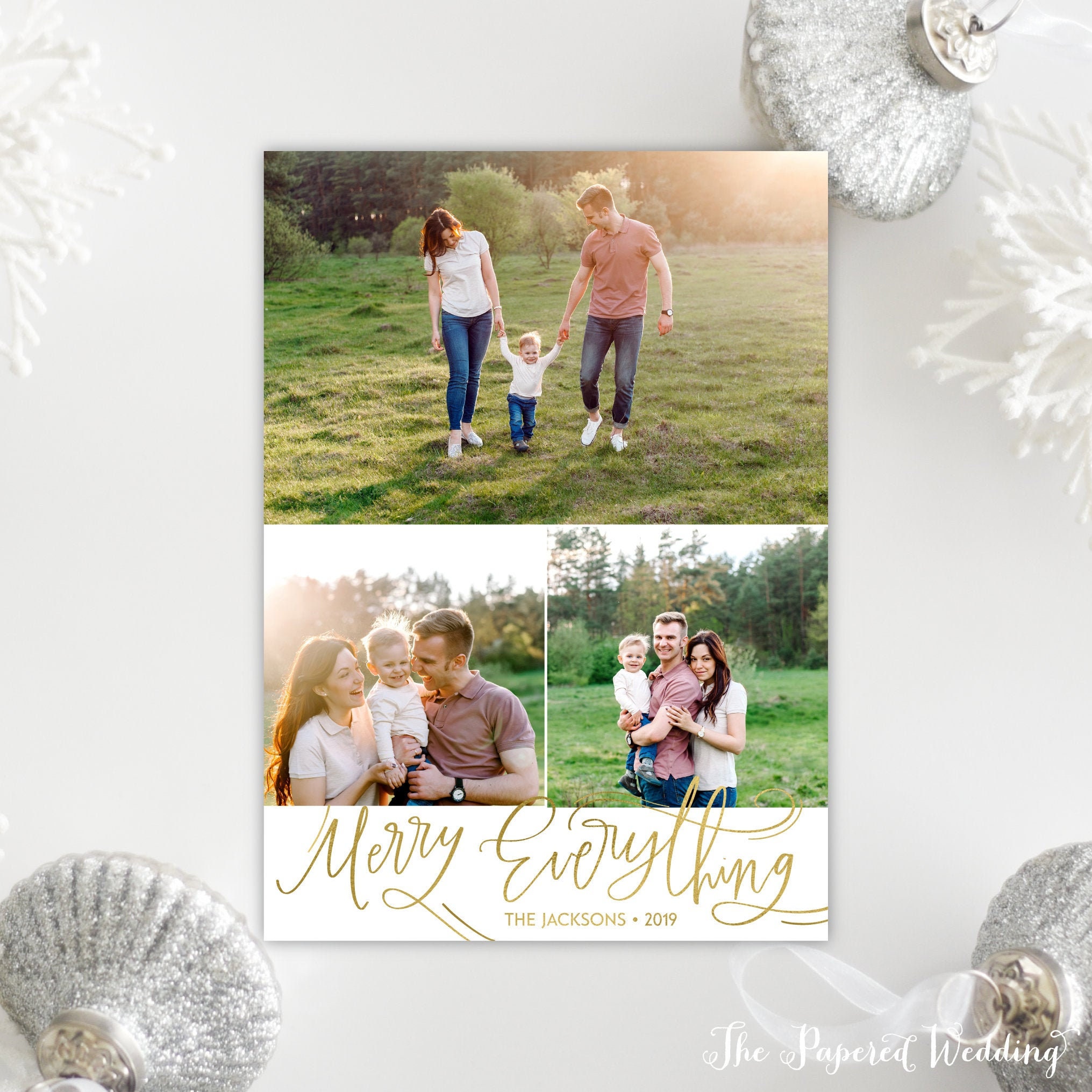 Printable Or Printed Merry Everything Photo Holiday Cards in Faux Gold Foil - Three Picture Christmas Card with Modern 059 P3