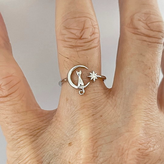 Sterling Silver Cat On Moon & Twinkle Star Ring, Delicate Crescent Ring