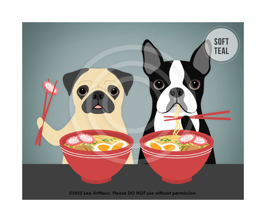 367Dp Food Art Prints - Pug & Boston Terrier Eating Ramen Bowl Wall Decor Foodie Gifts Drawing