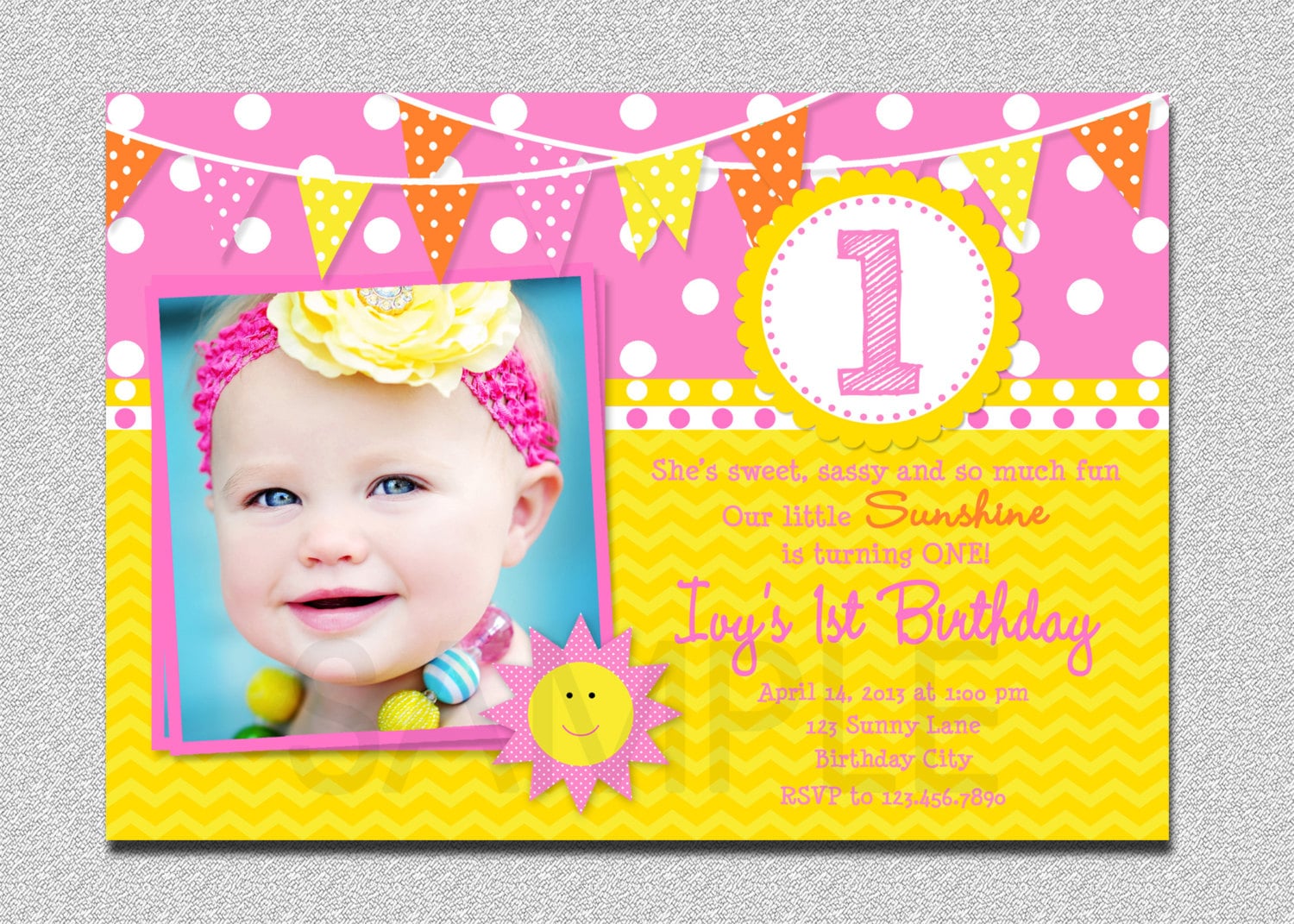 Sunshine 1st Birthday Invitation, Girls Party, Invitation