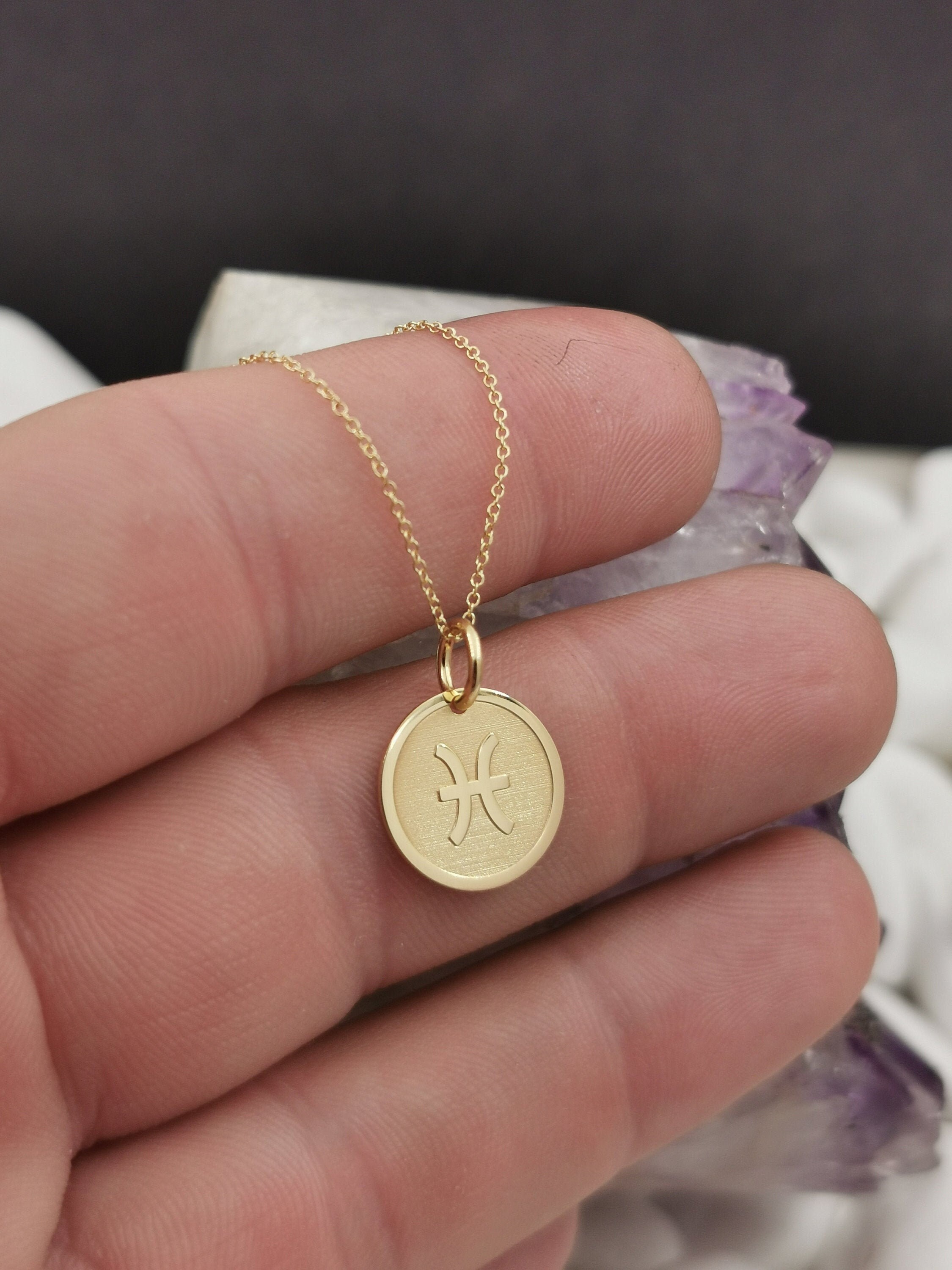 Dainty 14K Solid Gold Pisces Zodiac Necklace, Symbol Pendant, Gold, Personalized Sign Zodiac, Custom