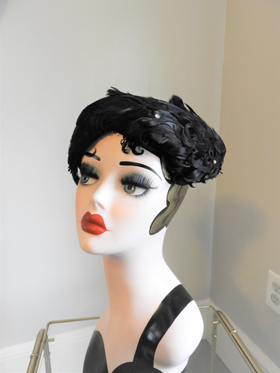 Vtg 1940's Black Feather Hat, Art Deco Half Rhinestone Hat
