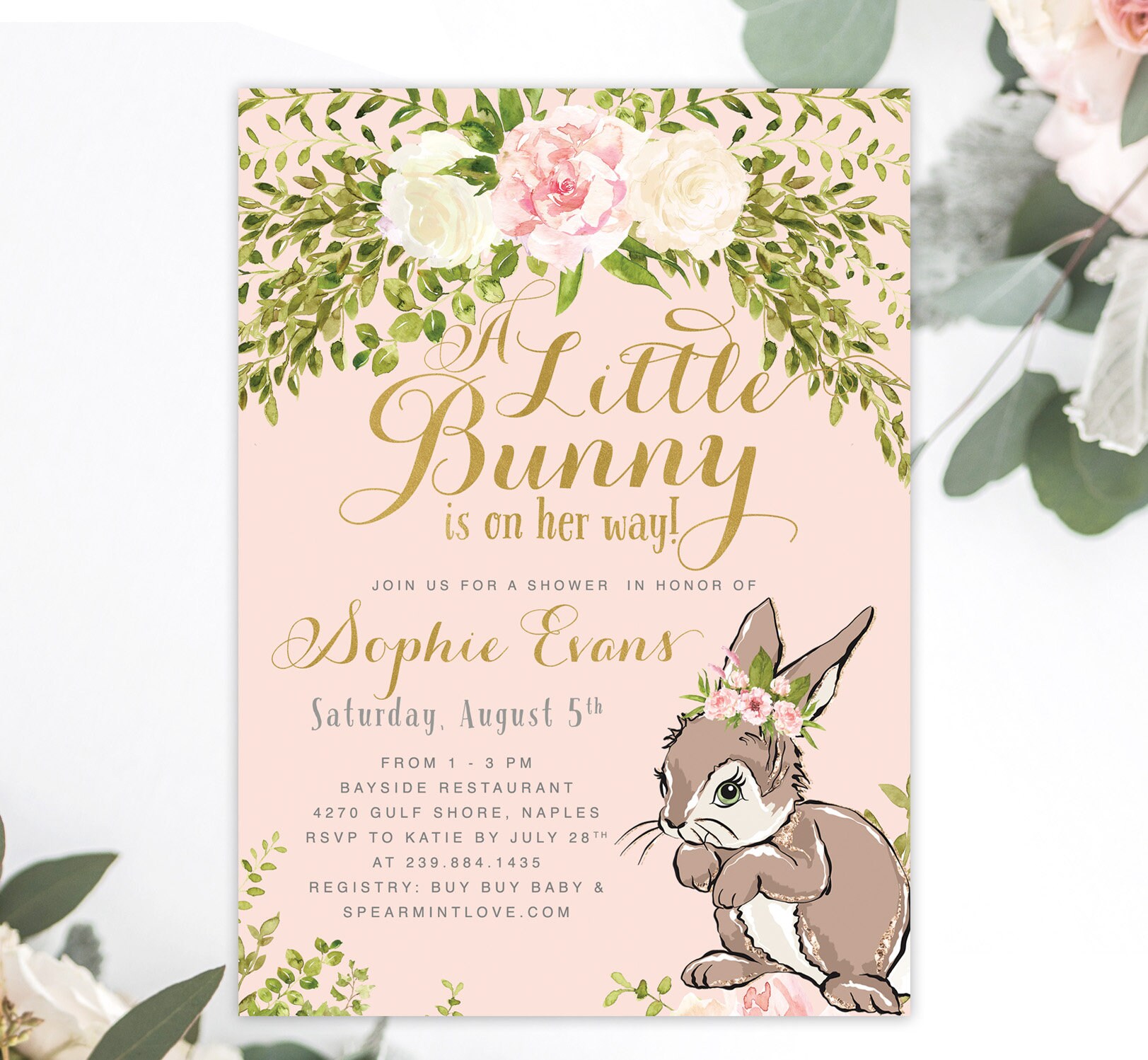 Bunny Baby Shower Invitation Girl, A Little Is On Her Way Invite, Girl Floral - Sophia