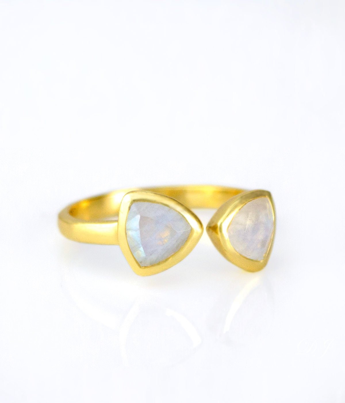 June Birthstone Ring, Moonstone Ring, Adjustable Mothers Ring Triangle Geometric Dual Birthstone Double Birthstone Ring