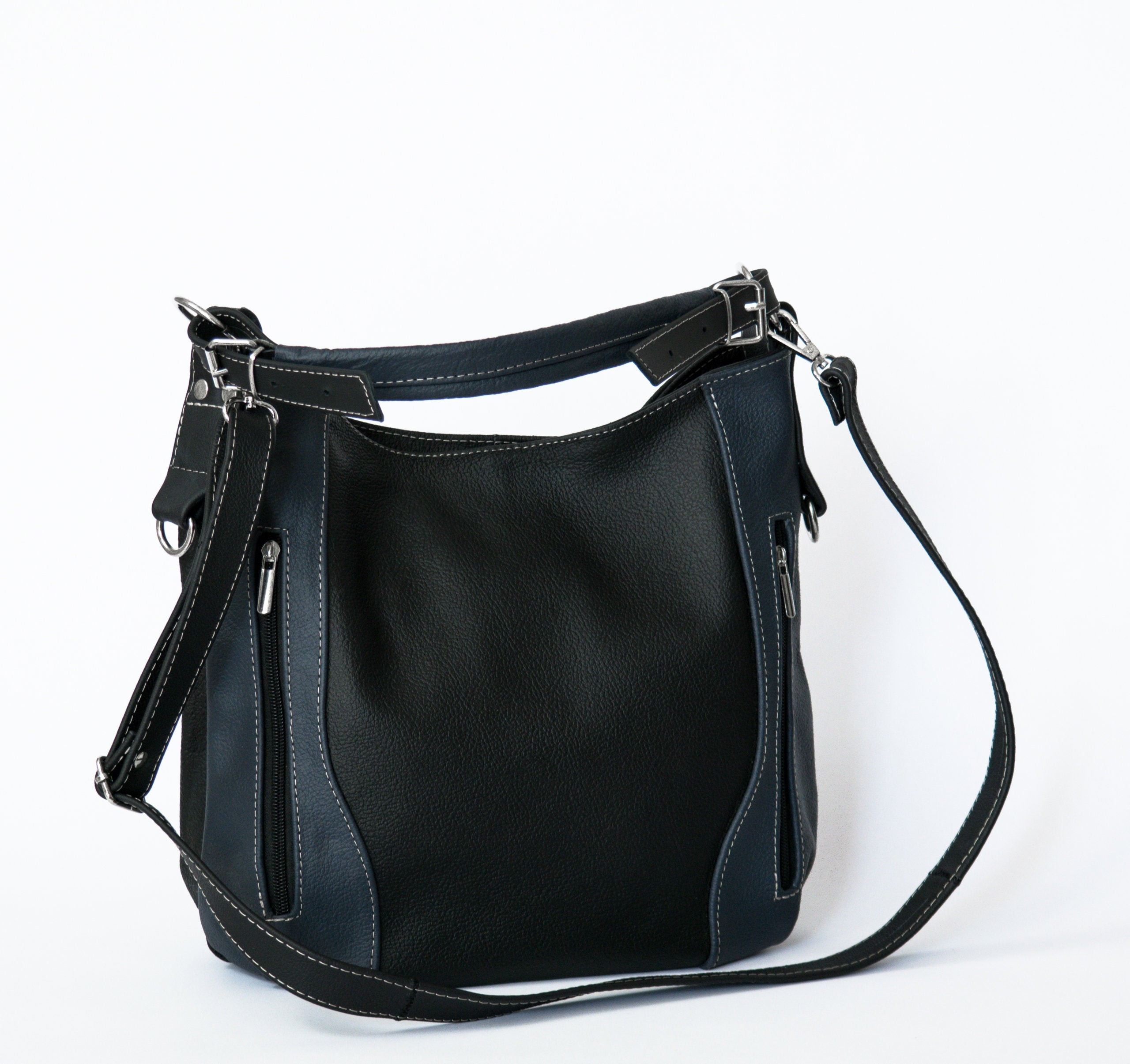 Leather Shoulder Bag - Hobo Leather Everyday Crossbody Purse Black Navy Handbag Gx