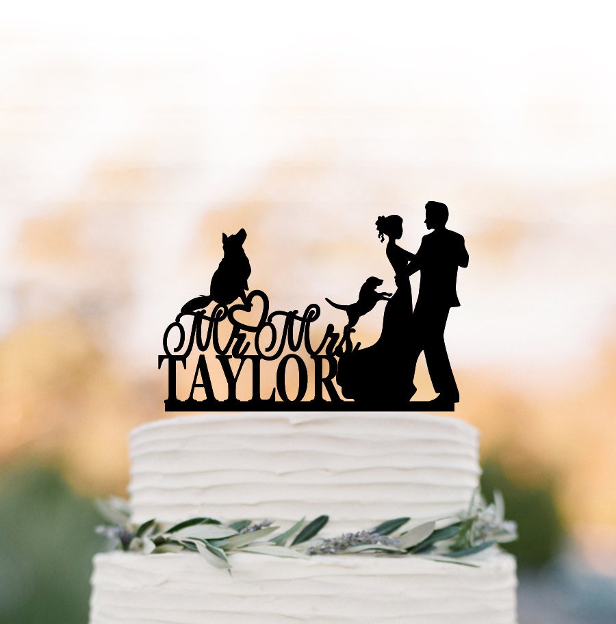 Figurine Wedding Cake Topper 2 Dogs. Funny Topper, Bride & Groom Silhouette Cake Name, Personalized Wedding Decoration