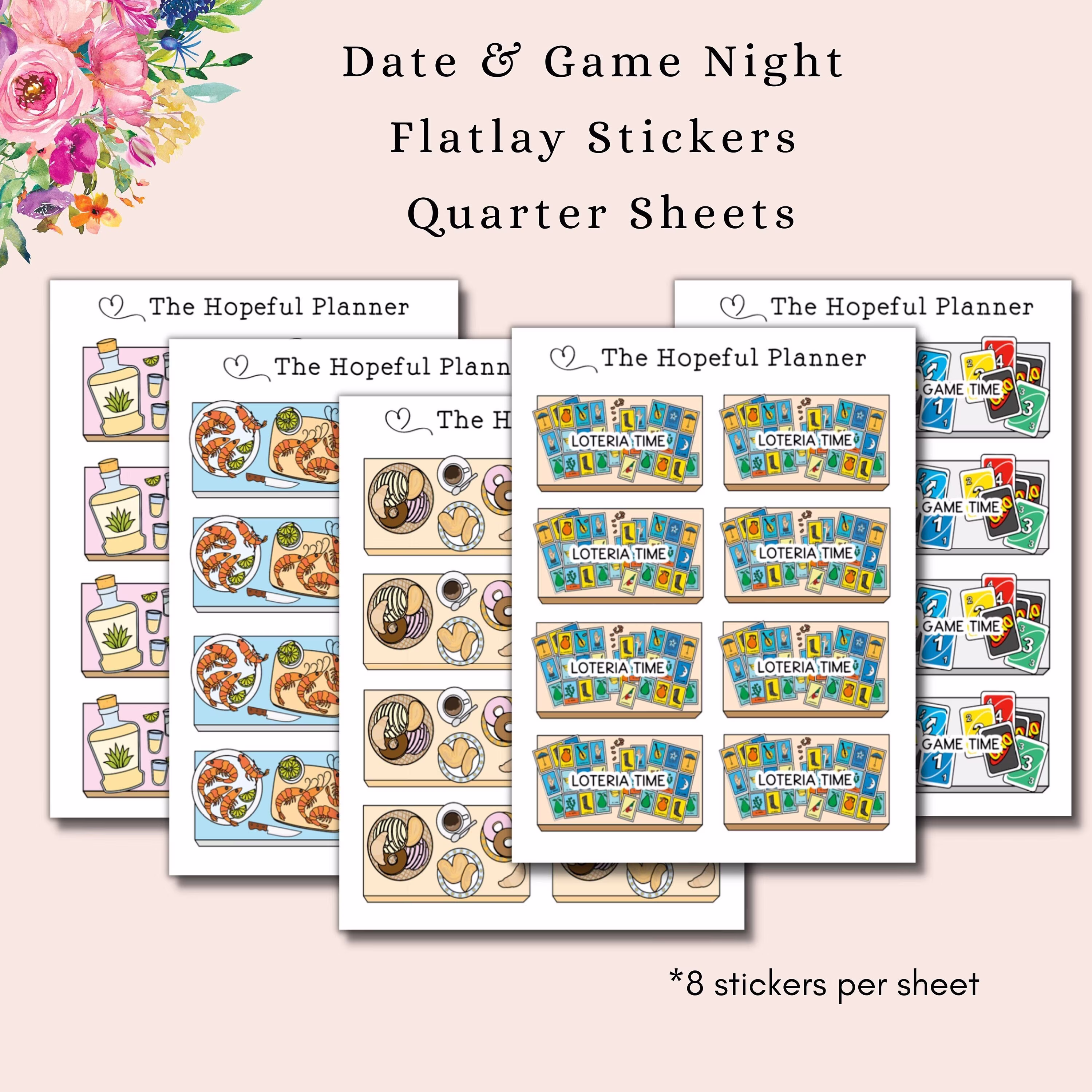Date & Game Night Flat Lay Stickers - Decorative Doodle Planner Sticker Sheets