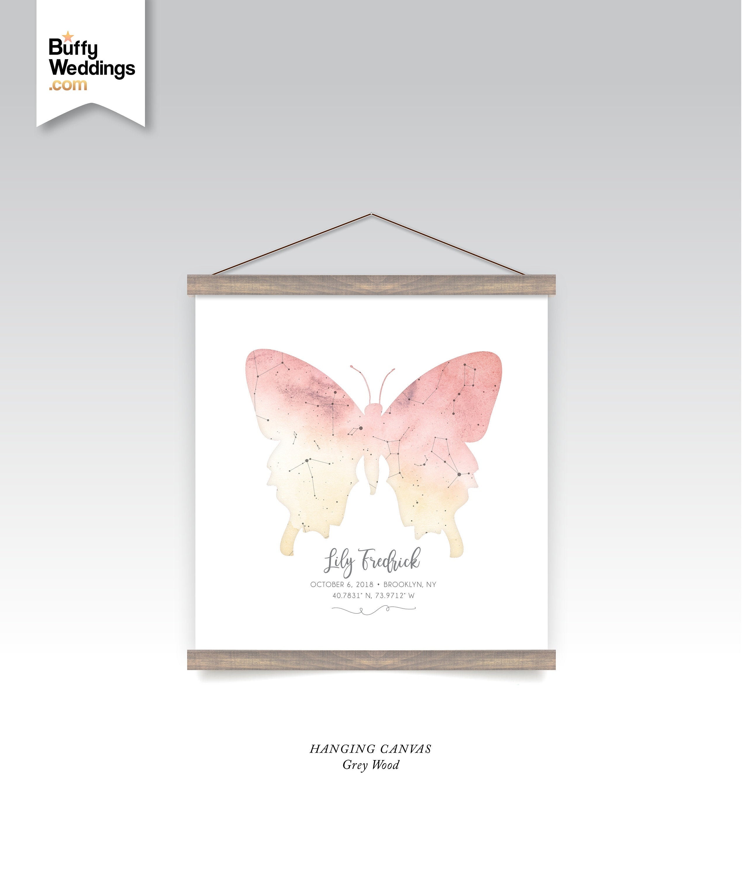 Constellation Butterfly Star Map Watercolor Gold Blush Pink . Birthday Girl Baptism Date Gift Girls Bedroom Art Canvas Print & Frame