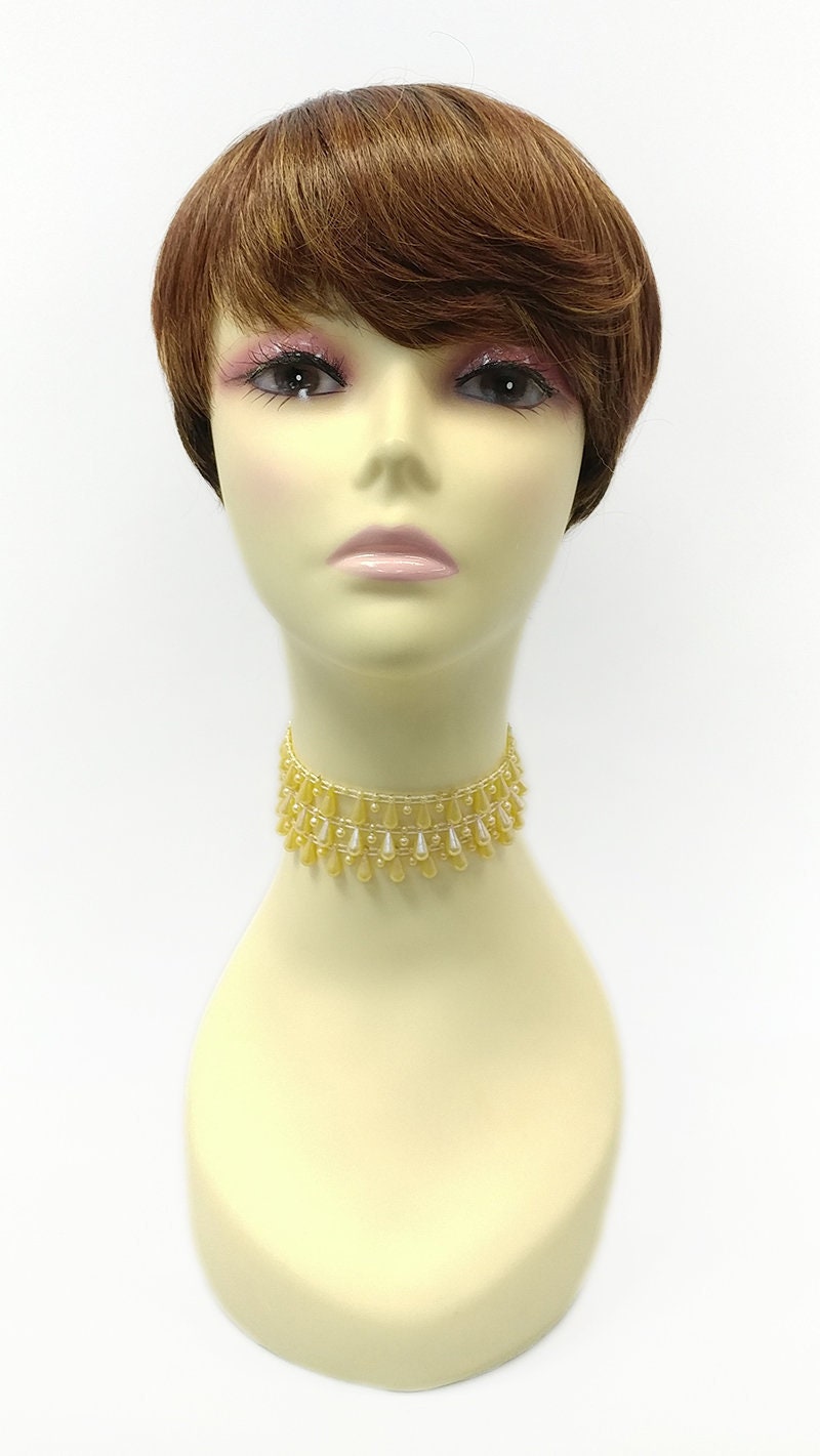 Auburn Copper Blend With Dark Brown Back End & Roots Short Straight Tapered Pixie Style Heat Safe Synthetic Wig [145-710-Cece-Tt2730]