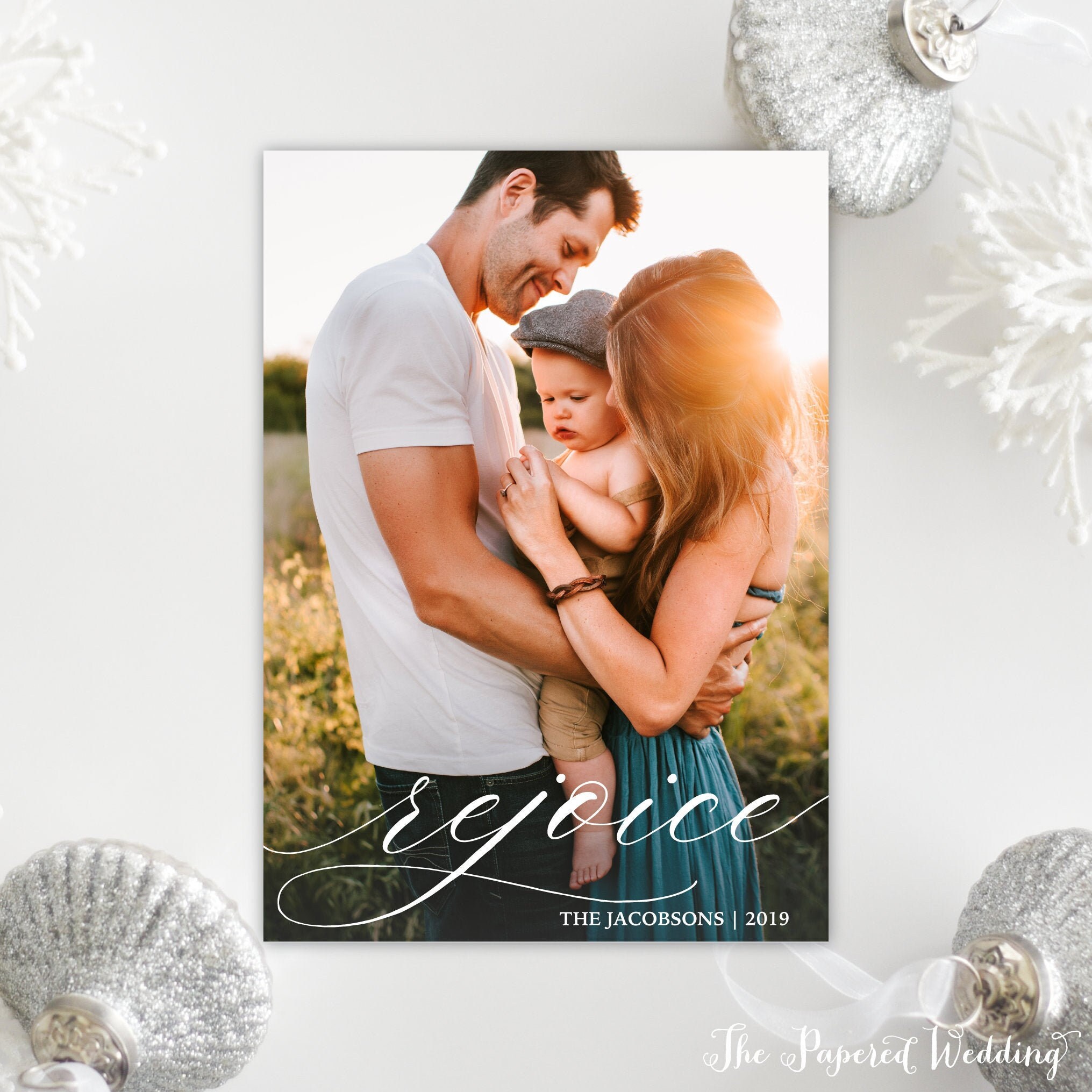 Printable Or Printed Rejoice Photo Cards - Vertical Picture Holiday With Script Wording in White, Christian Religious 111 P1"