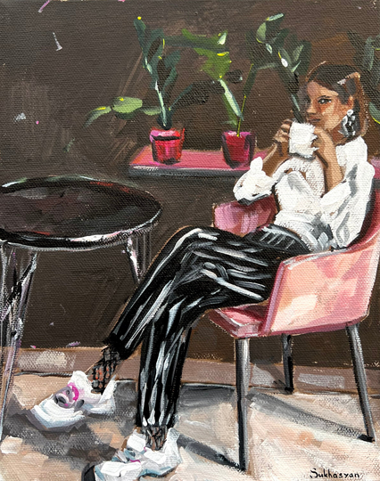 Young Woman Sitting in Pink Armchair. Original Acrylic Painting On Canvas 8x10 Inches | 20x25 cm By Victoria Sukhasyan
