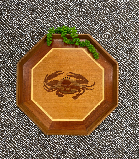 Wood Crab Tray, Vintage Decorative Seafood Inlaid Beach Decor, Ottoman Coffee Table Tray