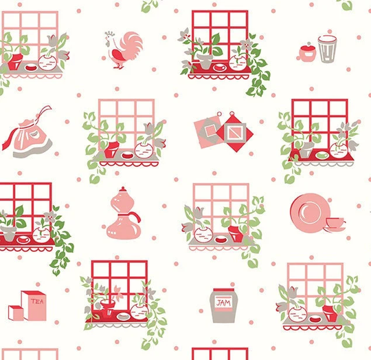 Cook Book Window Coral, Lori Holt For Riley Blake, 1/2 Yard - Cut Continuously, C11756-Coral