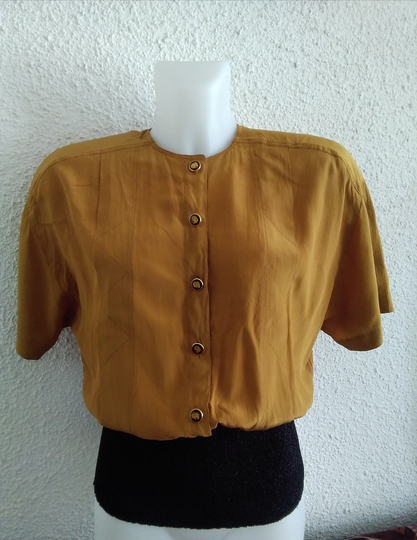 80S Pure Silk Blouse Hight Waist Minimalist Top Mustard Metallic Lurex Elasticated Elegant Padded Shoulders