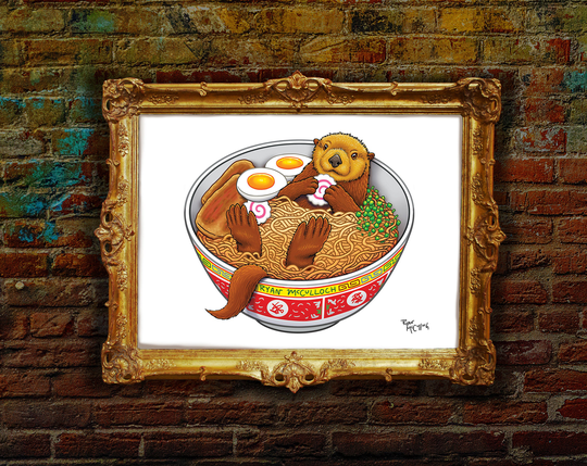 Signed Print "Ramen Sea Otter" Surreal Art Print Top Ramen Cup Noodles Broth Ocean Humor Aquatic Animals Marine Mammals