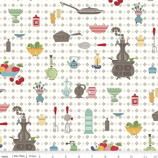 Retro Kitchen Quilt Fabric, Riley Blake Cook Book C11750, Utensils, Stove, Pans, Reproduction Feedsack Fabric By The Yard, 100% Cotton