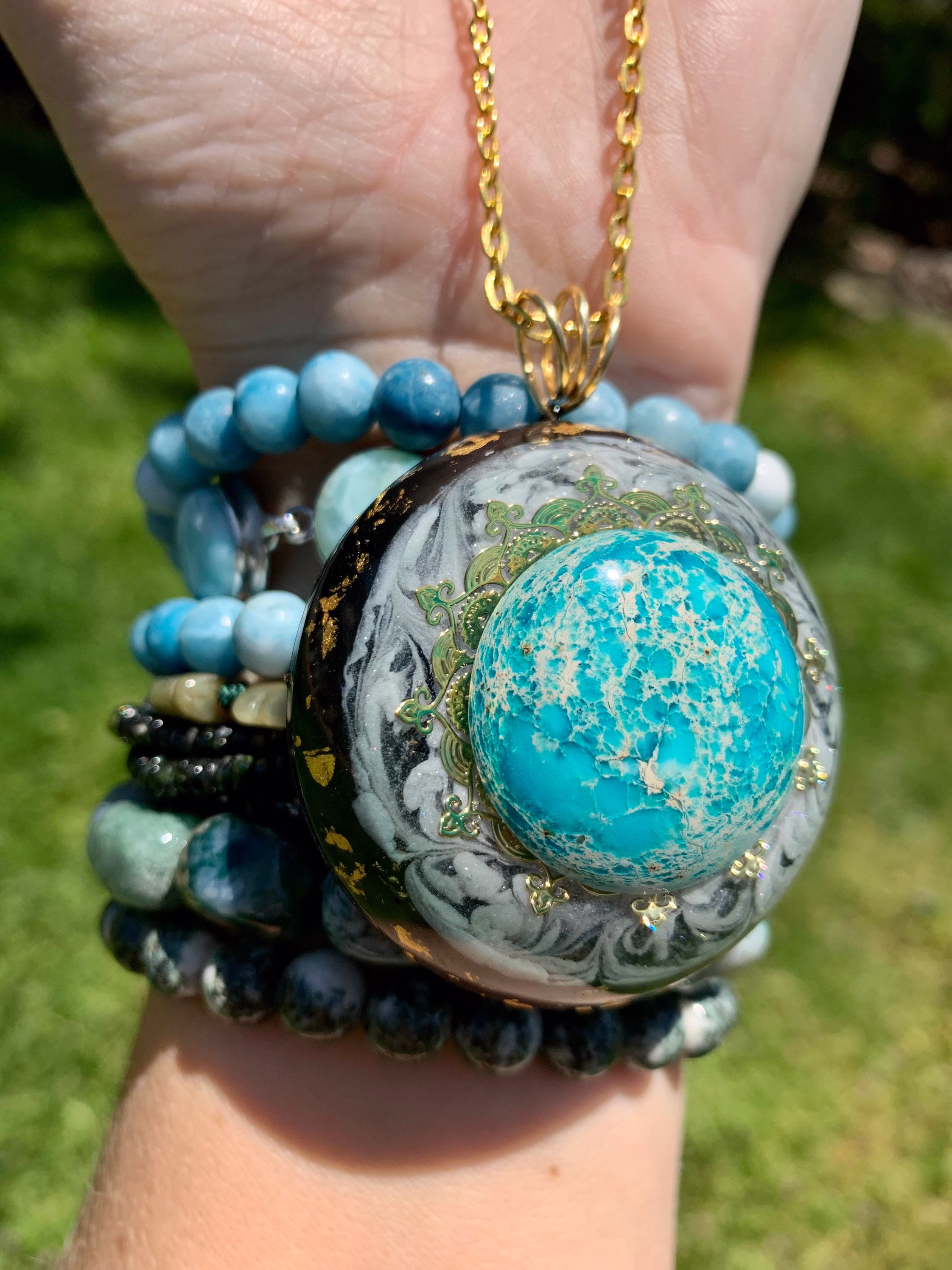 Sky Blue Sea Sediment Jasper Cabachon, 24K Gold, Shungite Emf Protection Pendant