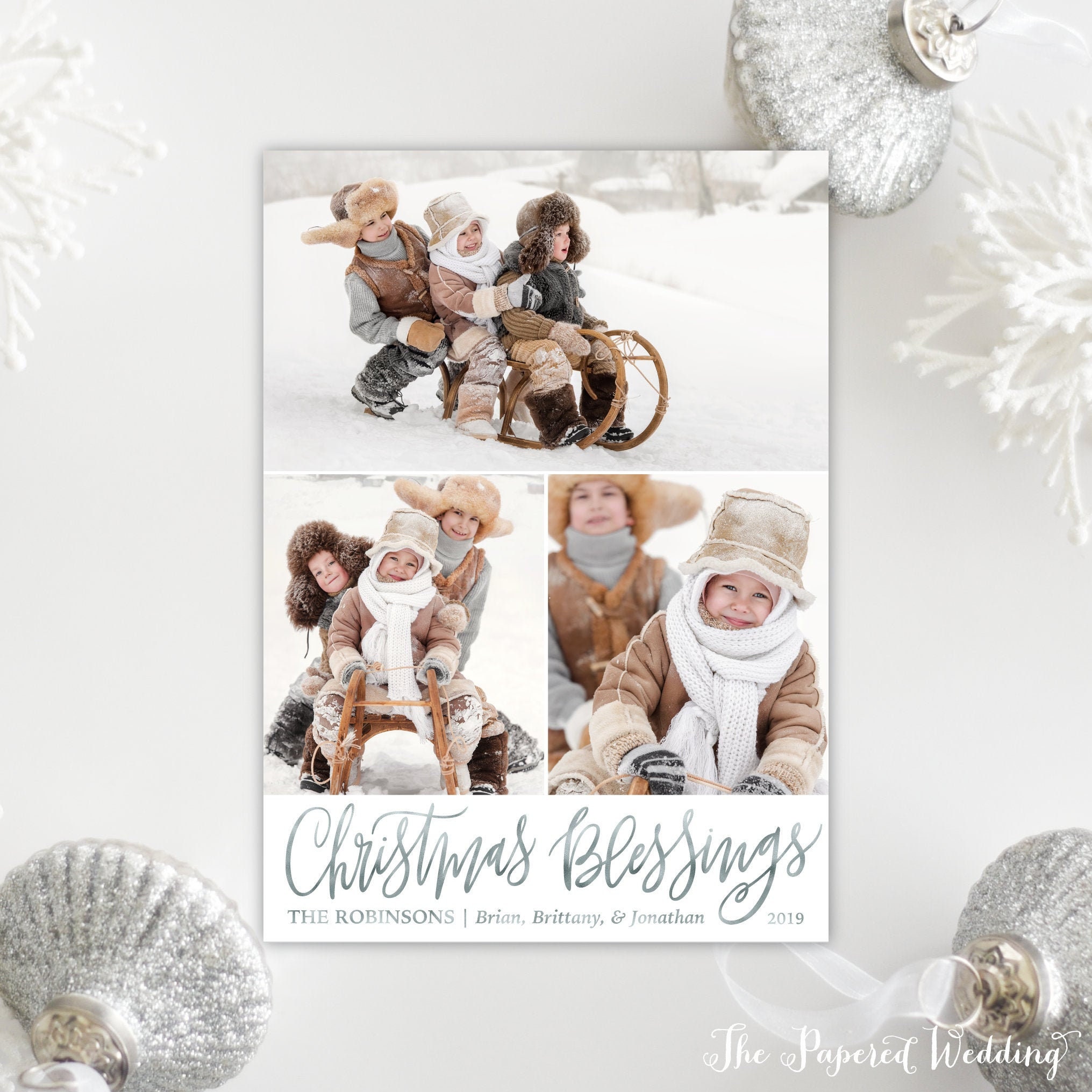 Printable Or Printed Picture Collage Cards With Christmas Blessings in Faux Silver Foil - Holiday Three Pictures 107 P3