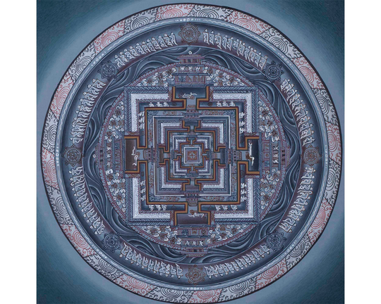 22 X cm Grey Colored Kalachakra Mandala Thangka With Silver | Hanging Art For Office, Bedroom Temple Monastery Or Farmhouse