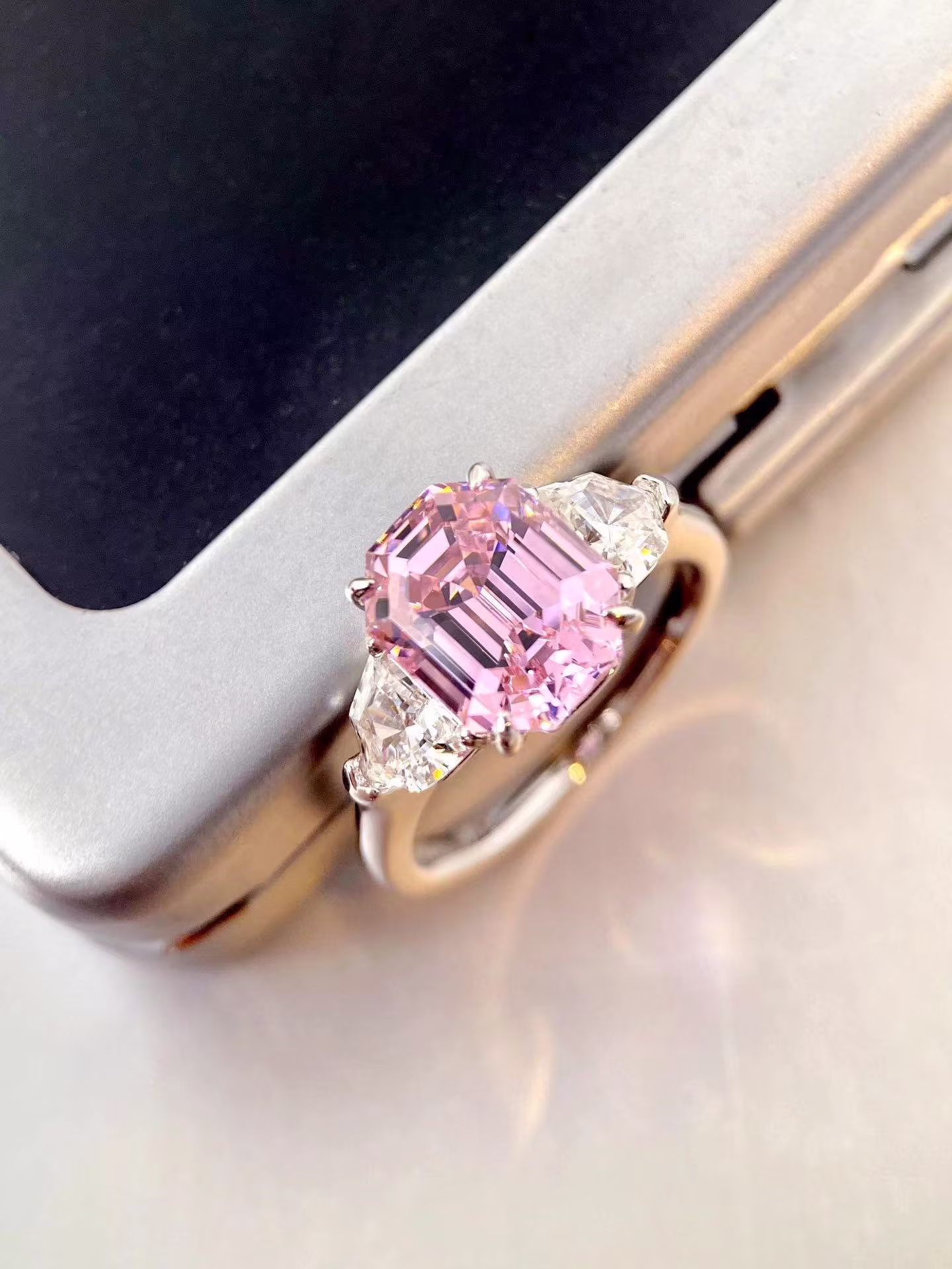 4 Ct Victorian Cut Pink Diamond Ring, Engagement Wedding Jewelry. S925 Silver Plated 18K White Gold Band. Gift For Her