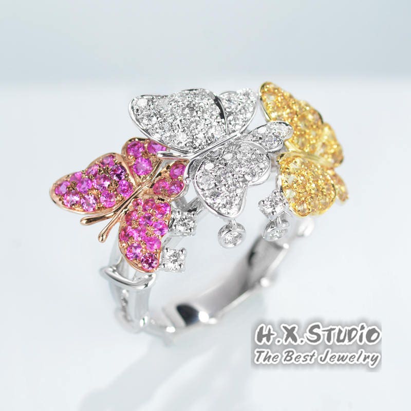 Three Butterflies Cocktail Ring in Solid 18K Gold/Diamond, Pink Sapphire, Yellow Sapphire Ring/Custom Fine Jewelry/Gift For Women & Girls