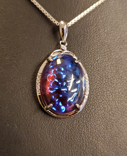 Dragon's Breath Necklace, See Crazy Blue Flash On Video Big 13x18mm Vintage Glass Cab, 925 Sterling Pendant W/Cz Trim, 20" Chain