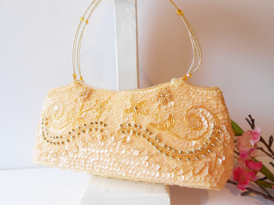 Vintage Natural Color Beaded Handbag, Glamorous Bead & Sequins Purse, Spring Summer Mother Of Bride Bag Eb-0488