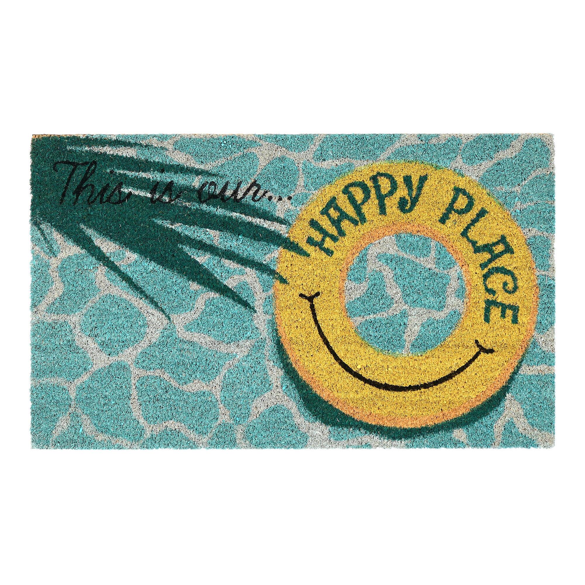 Aqua and Yellow Happy Place Coir Doormat by World Market