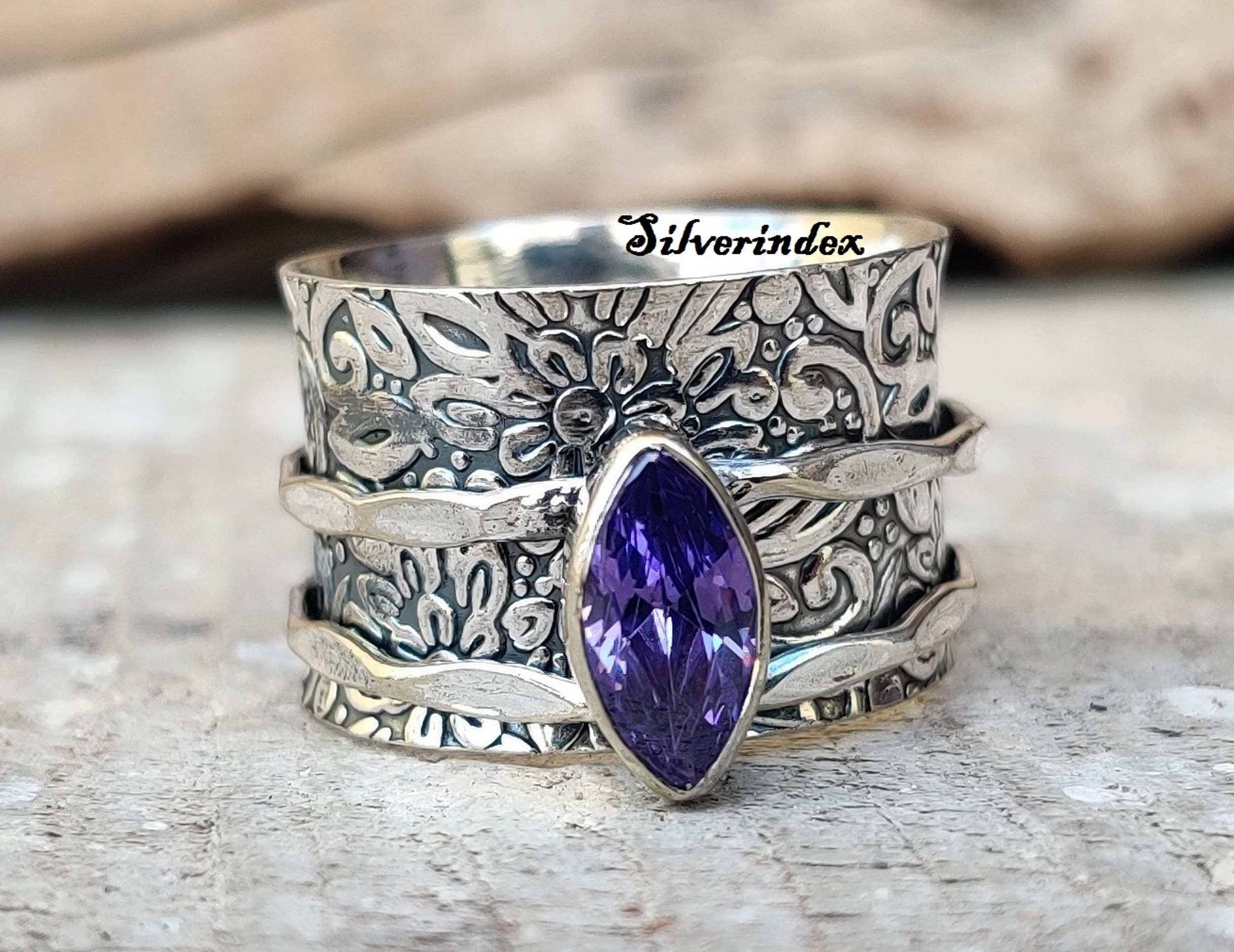 Amethyst Ring, Spinner 925 Sterling Silver Ring , Anniversary Anxiety Worry Fidget Wonderful