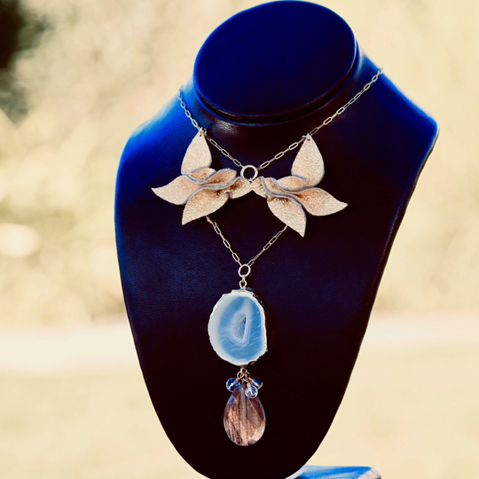 Leather Petals + White Drusy Statement Necklace 14K Gold Fill Chain Crystal