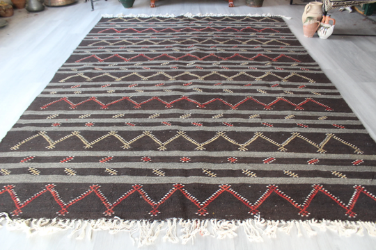Vintage Striped Kilim, Large Black Oversized Ethnic Kilim Rug, Bohemian Area Boho/7'5"x10'2" Feet N-701