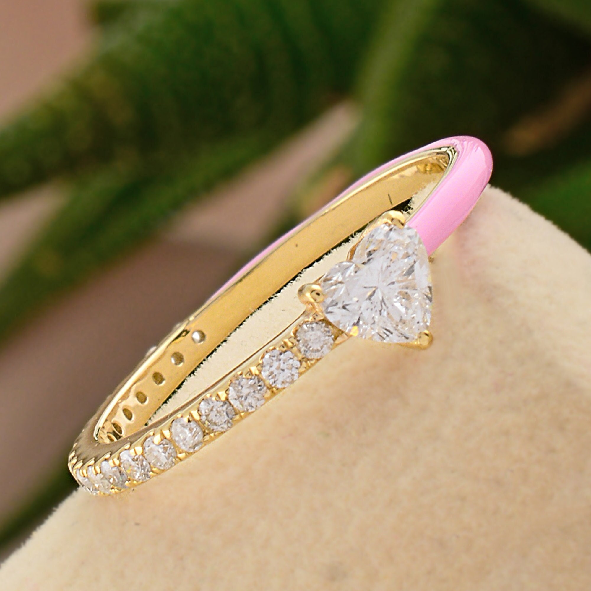Heart Diamond Ring Gold 14K Unique Rings With Pink Enamel Shape Engagement Gift