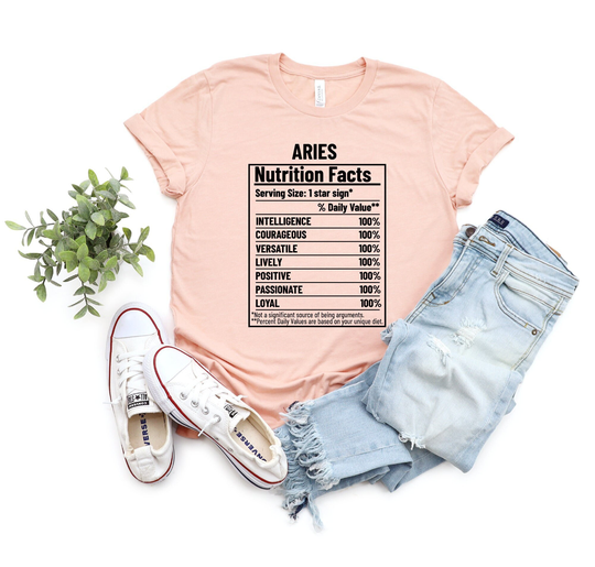 Aries T-Shirt, Nutrition Facts, Zodiac Shirt, Astrology Gift For Aries, Birthday Present, Signs, Horoscopes Tee